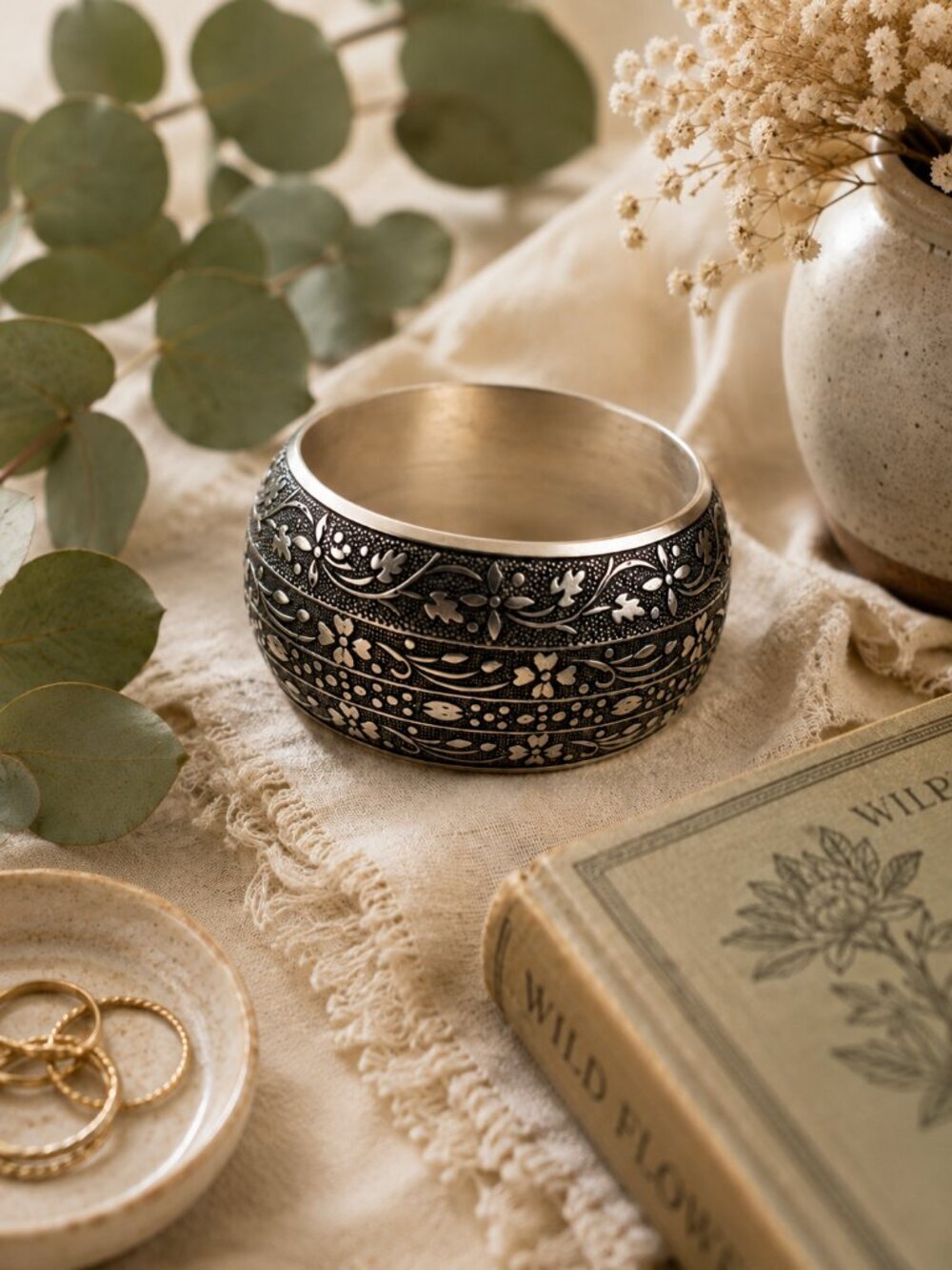 Vintage Silver Plated Wide Floral Engraved Cuff Bangle Statement Bracelet - Picture 7 of 13
